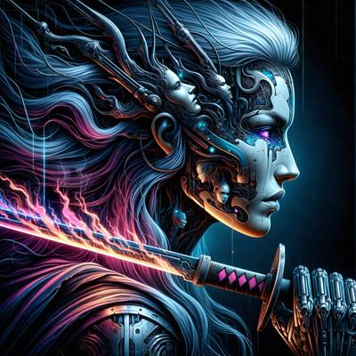The primary subject of the image is a woman with long hair, holding a sword. She appears to be a character from a video game or a fantasy story. The setting is a dark, possibly futuristic environment, with a blue background. The visual style is digital art or illustration, with a focus on the woman and her sword. The colors are predominantly blue and purple, creating a moody and dramatic atmosphere.